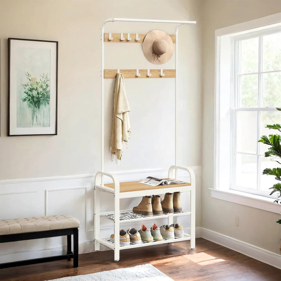 Coat Rack – Industrial – Rustic Brown and Black – Coat Stand with Shoe Storage Bench and 9 Removable Hooks