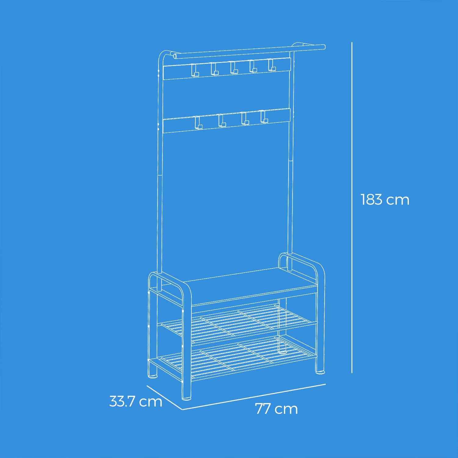 Coat Rack – Industrial – Rustic Brown and Black – Coat Stand with Shoe Storage Bench and 9 Removable Hooks