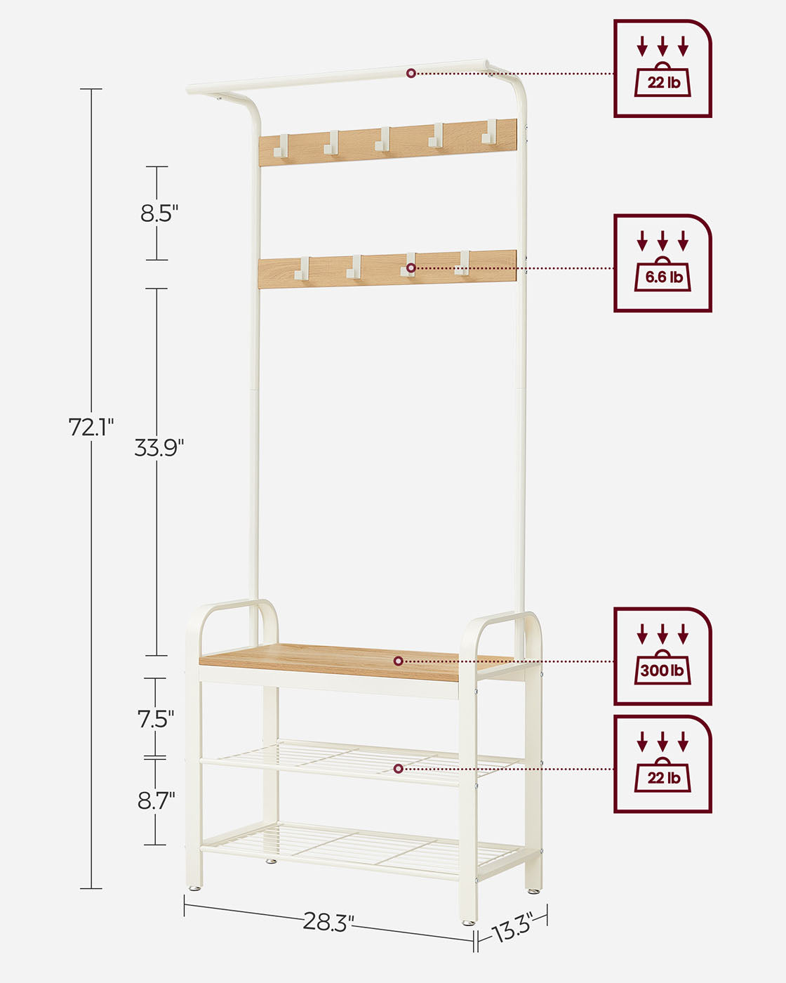 Coat Rack – Metal – Rustic Brown – Industrial Design with Removable Hooks and Hall Storage