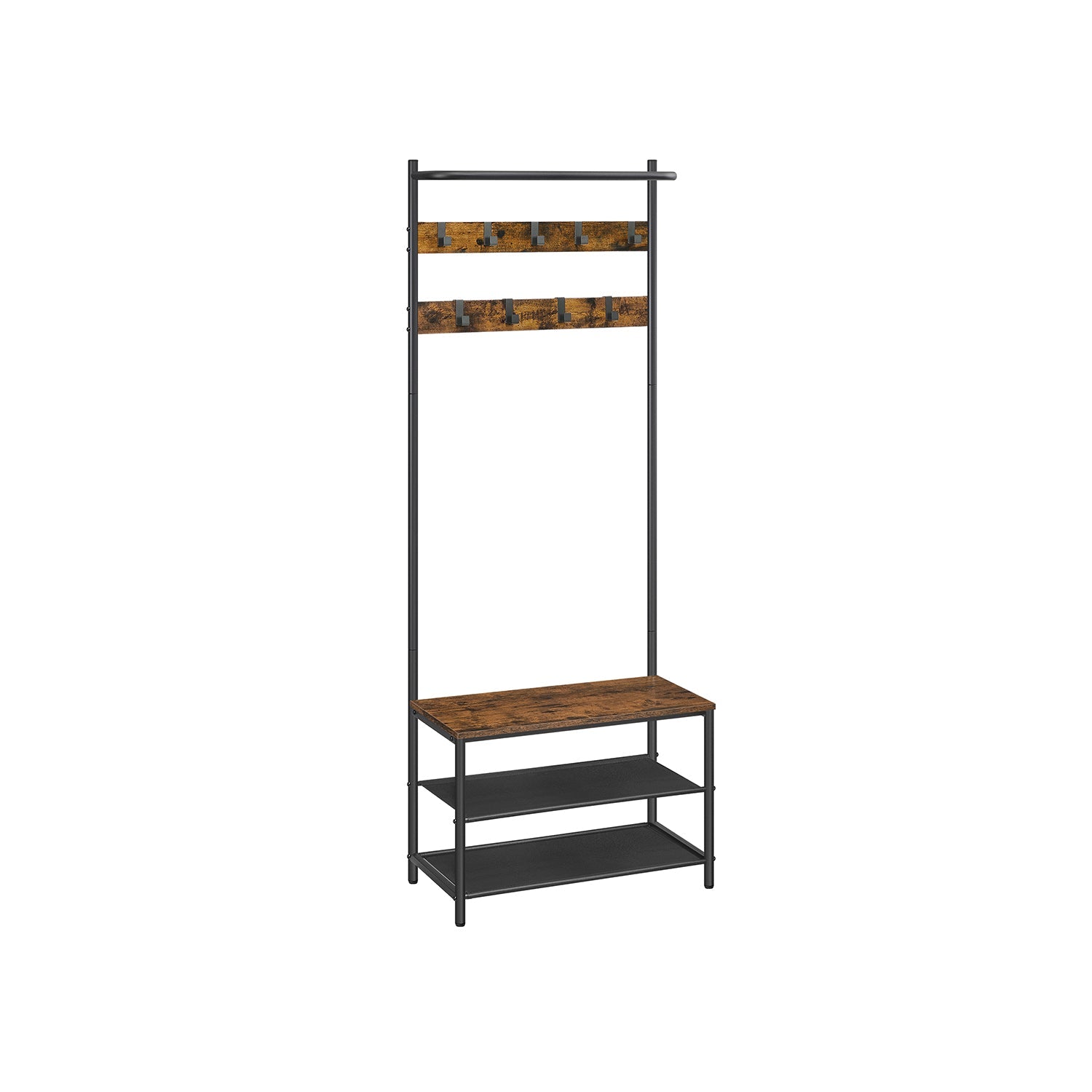 Coat Rack – Wood – Rustic Brown and Black – Hall Tree with Shoe Storage and Movable Hooks