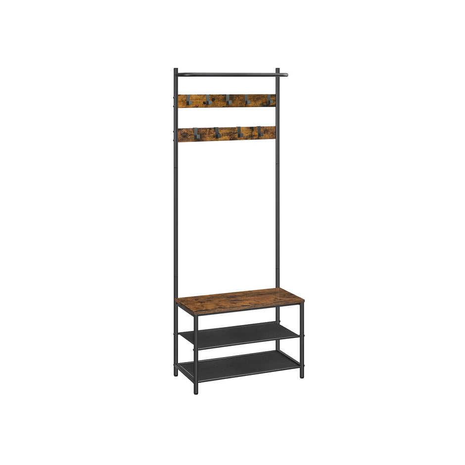 Coat Rack – Wood – Rustic Brown and Black – Hall Tree with Shoe Storage and Movable Hooks