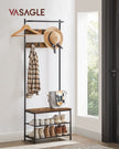 Coat Rack – Wood – Rustic Brown and Black – Hall Tree with Shoe Storage and Movable Hooks