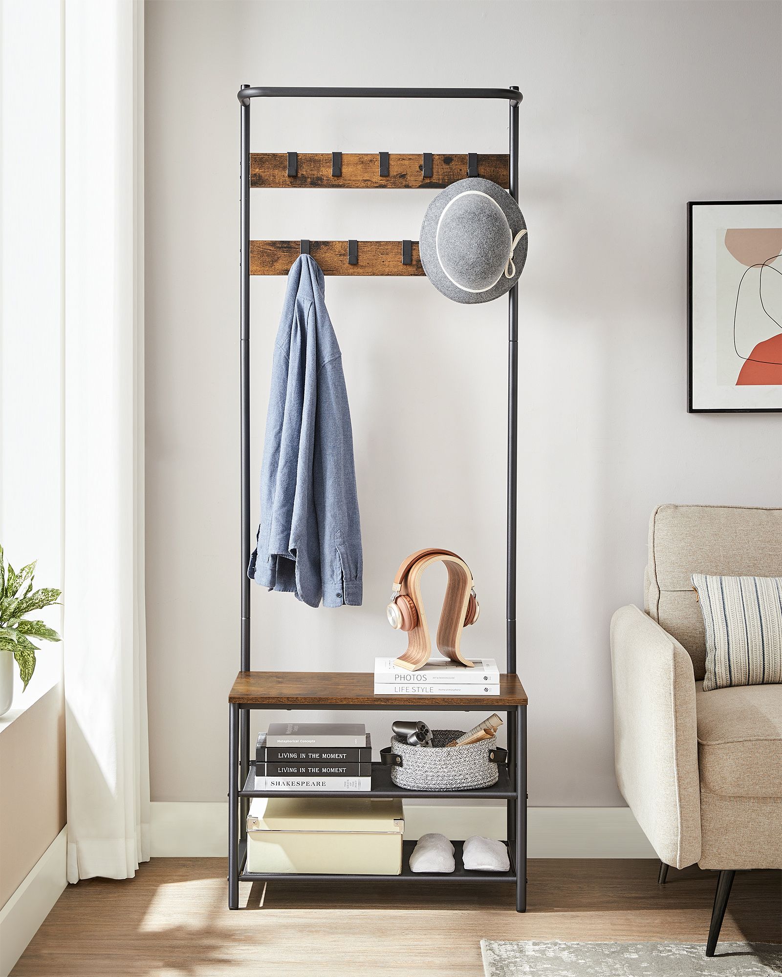 Coat Rack – Wood – Rustic Brown and Black – Hall Tree with Shoe Storage and Movable Hooks