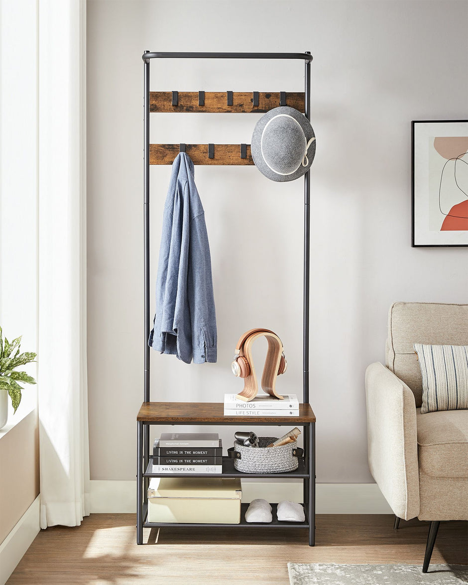 Coat Rack – Wood – Rustic Brown and Black – Hall Tree with Shoe Storage and Movable Hooks