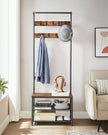 Coat Rack – Wood – Rustic Brown and Black – Hall Tree with Shoe Storage and Movable Hooks
