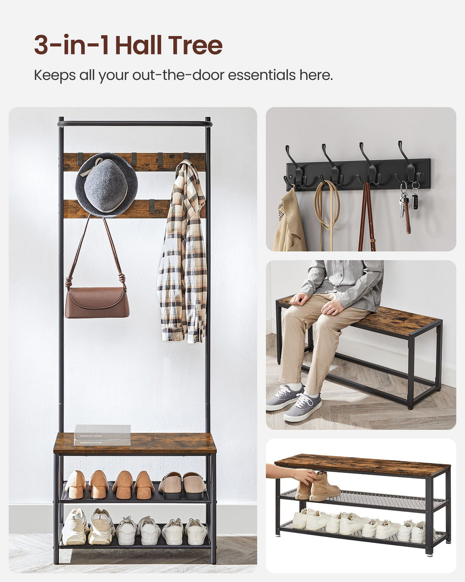Coat Rack – Wood – Rustic Brown and Black – Hall Tree with Shoe Storage and Movable Hooks