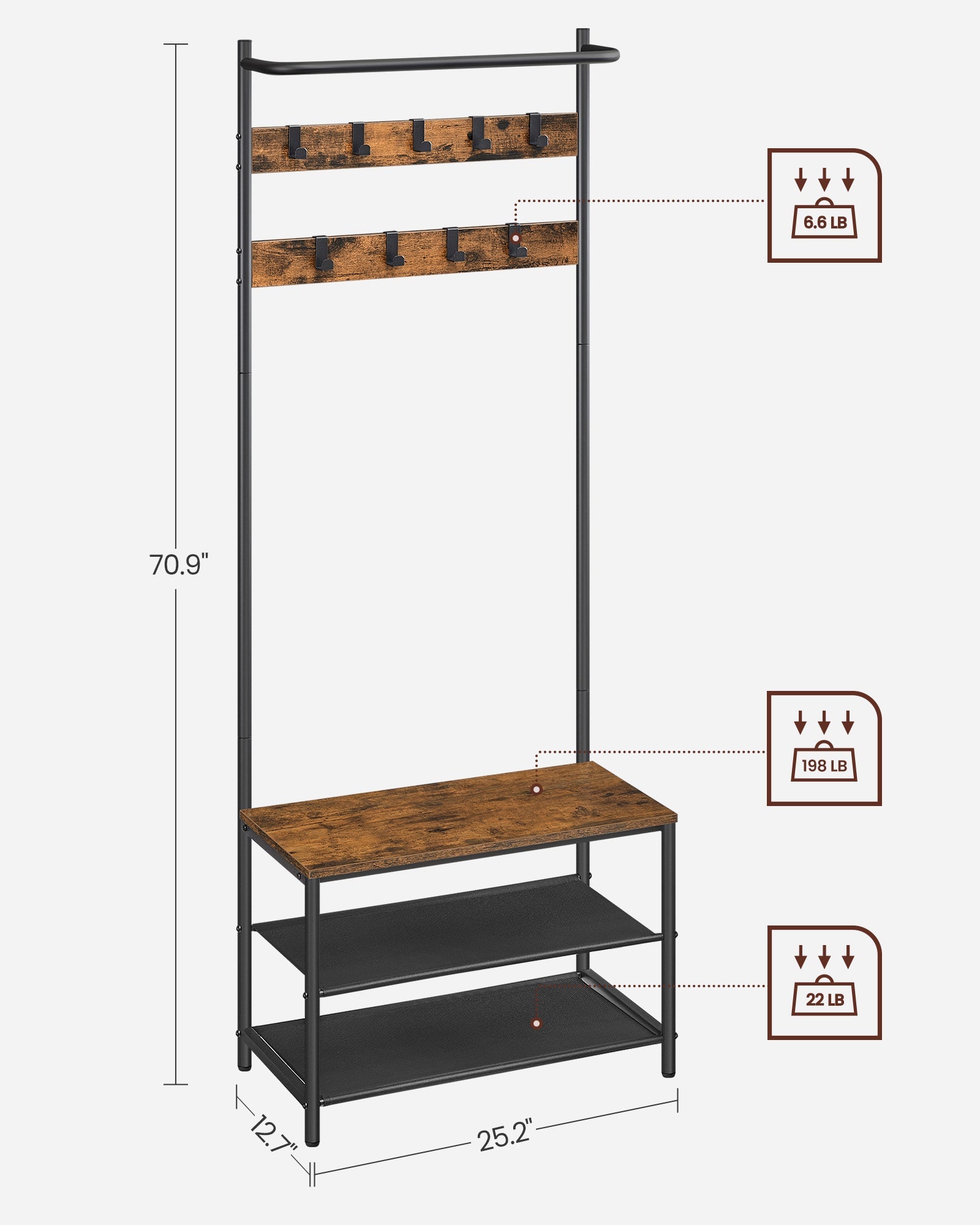 Coat Rack – Wood – Rustic Brown and Black – Hall Tree with Shoe Storage and Movable Hooks