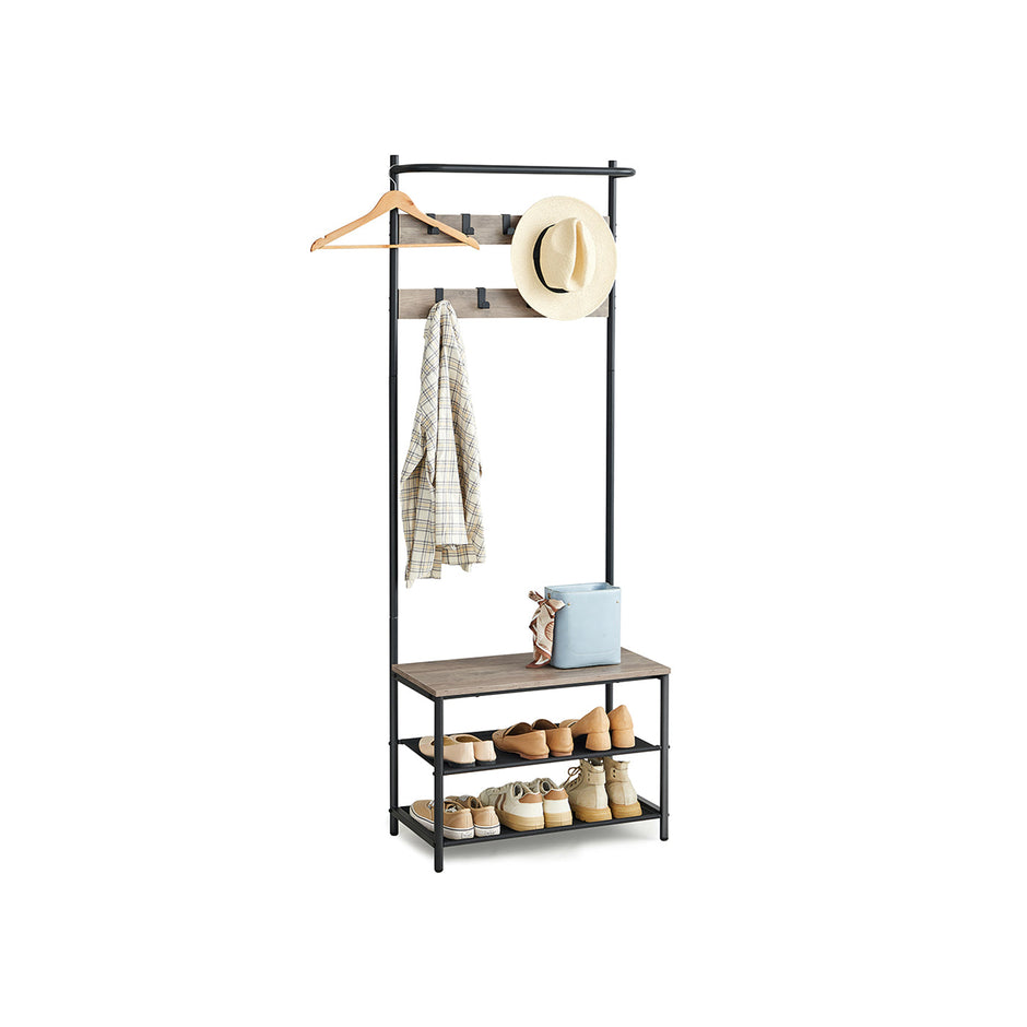 Industrial Hall Tree – Metal and Wood – Rustic Brown – 9 Adjustable Hooks and Overhead Bar