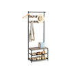 Industrial Hall Tree – Metal and Wood – Rustic Brown – 9 Adjustable Hooks and Overhead Bar