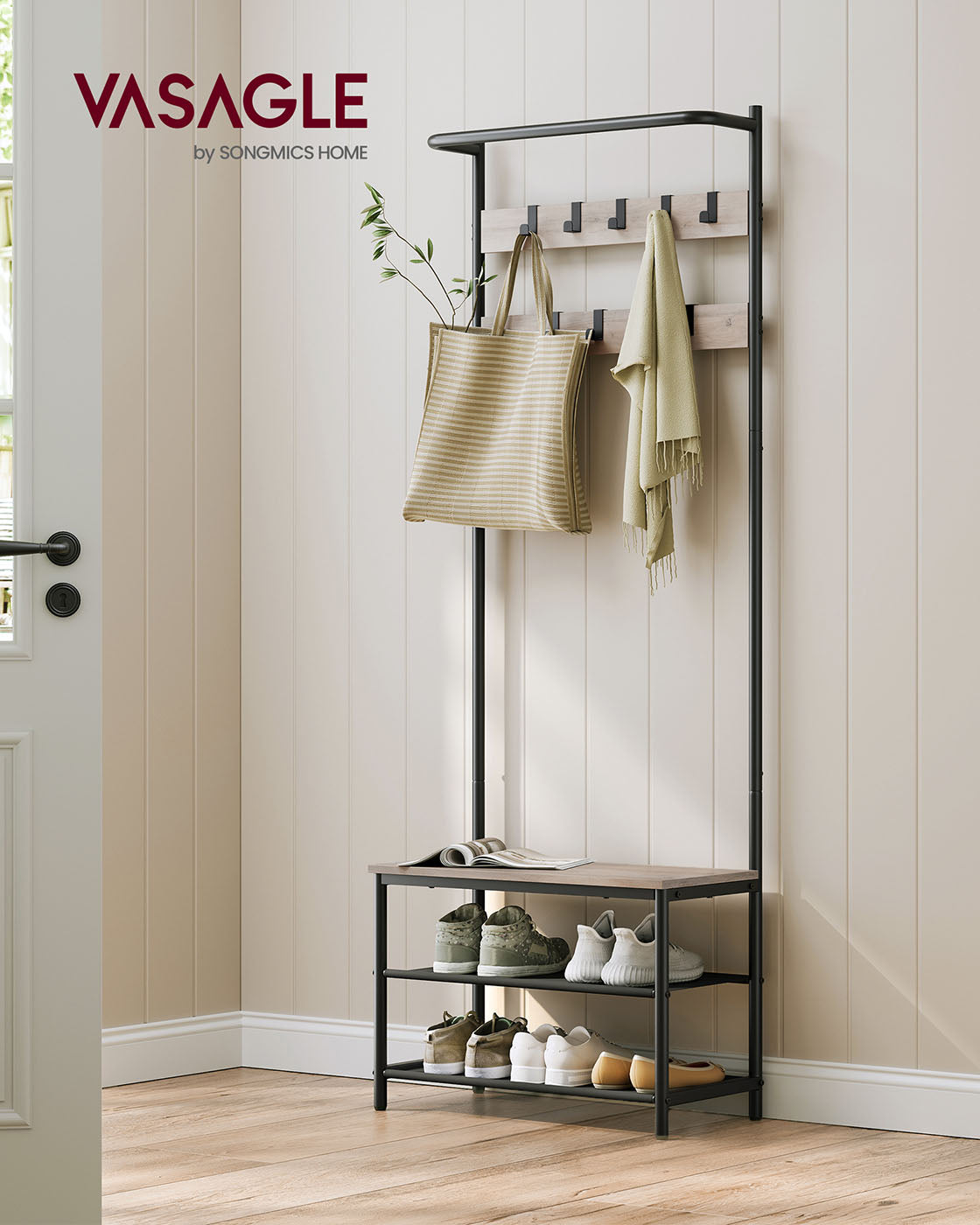 Industrial Hall Tree – Metal and Wood – Rustic Brown – 9 Adjustable Hooks and Overhead Bar