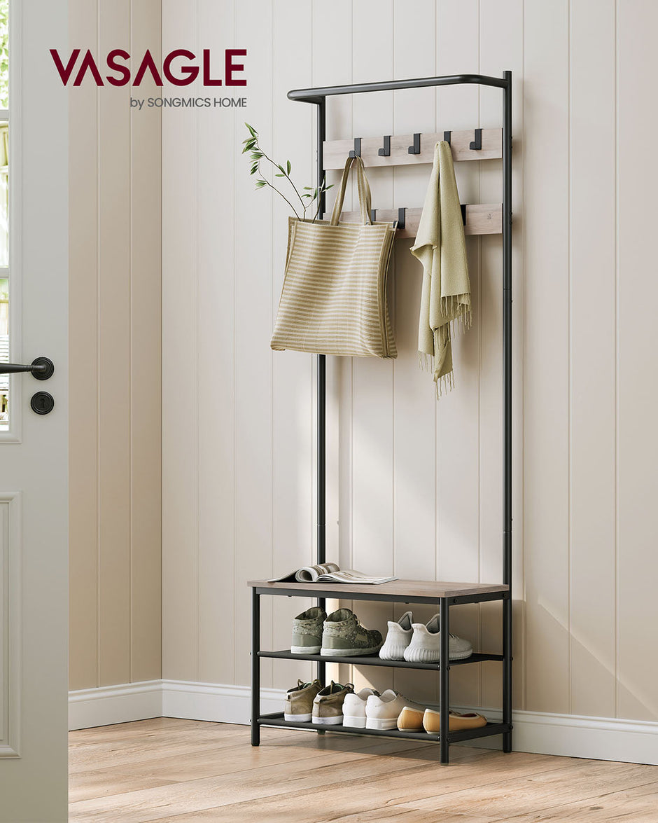 Industrial Hall Tree – Metal and Wood – Rustic Brown – 9 Adjustable Hooks and Overhead Bar