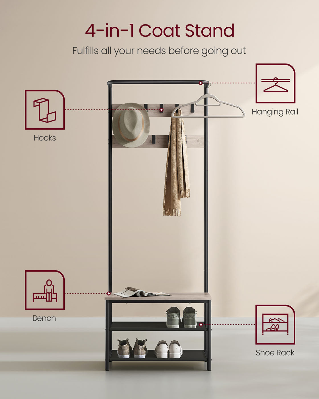 Industrial Hall Tree – Metal and Wood – Rustic Brown – 9 Adjustable Hooks and Overhead Bar