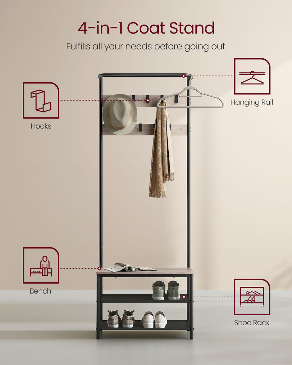Industrial Hall Tree – Metal and Wood – Rustic Brown – 9 Adjustable Hooks and Overhead Bar