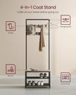 Industrial Hall Tree – Metal and Wood – Rustic Brown – 9 Adjustable Hooks and Overhead Bar
