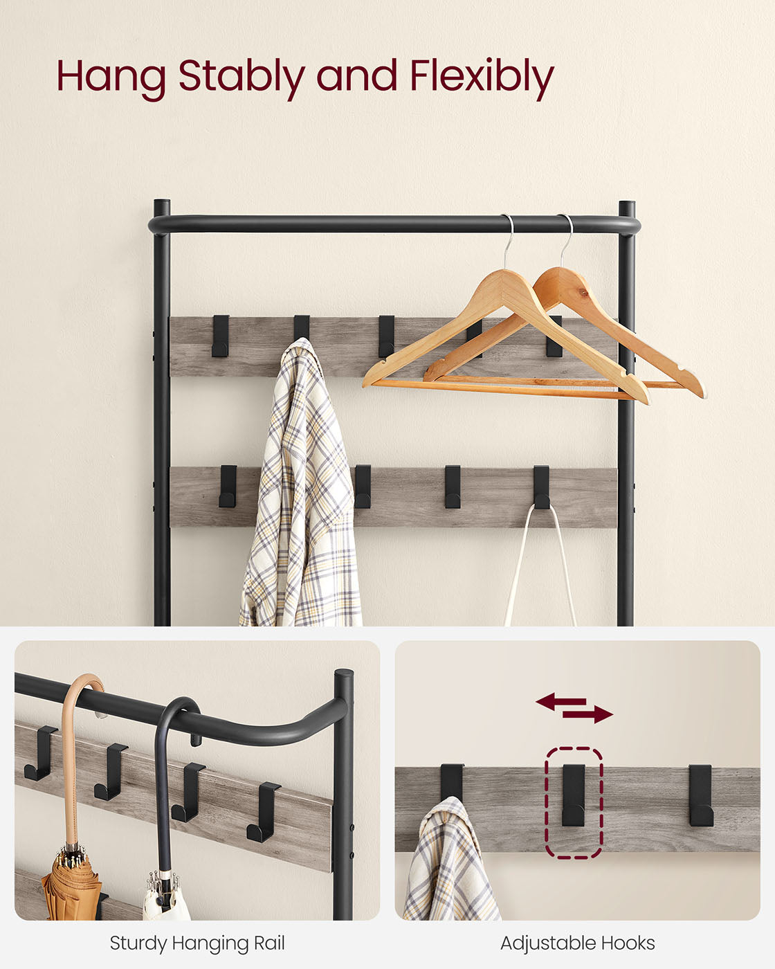 Industrial Hall Tree – Metal and Wood – Rustic Brown – 9 Adjustable Hooks and Overhead Bar
