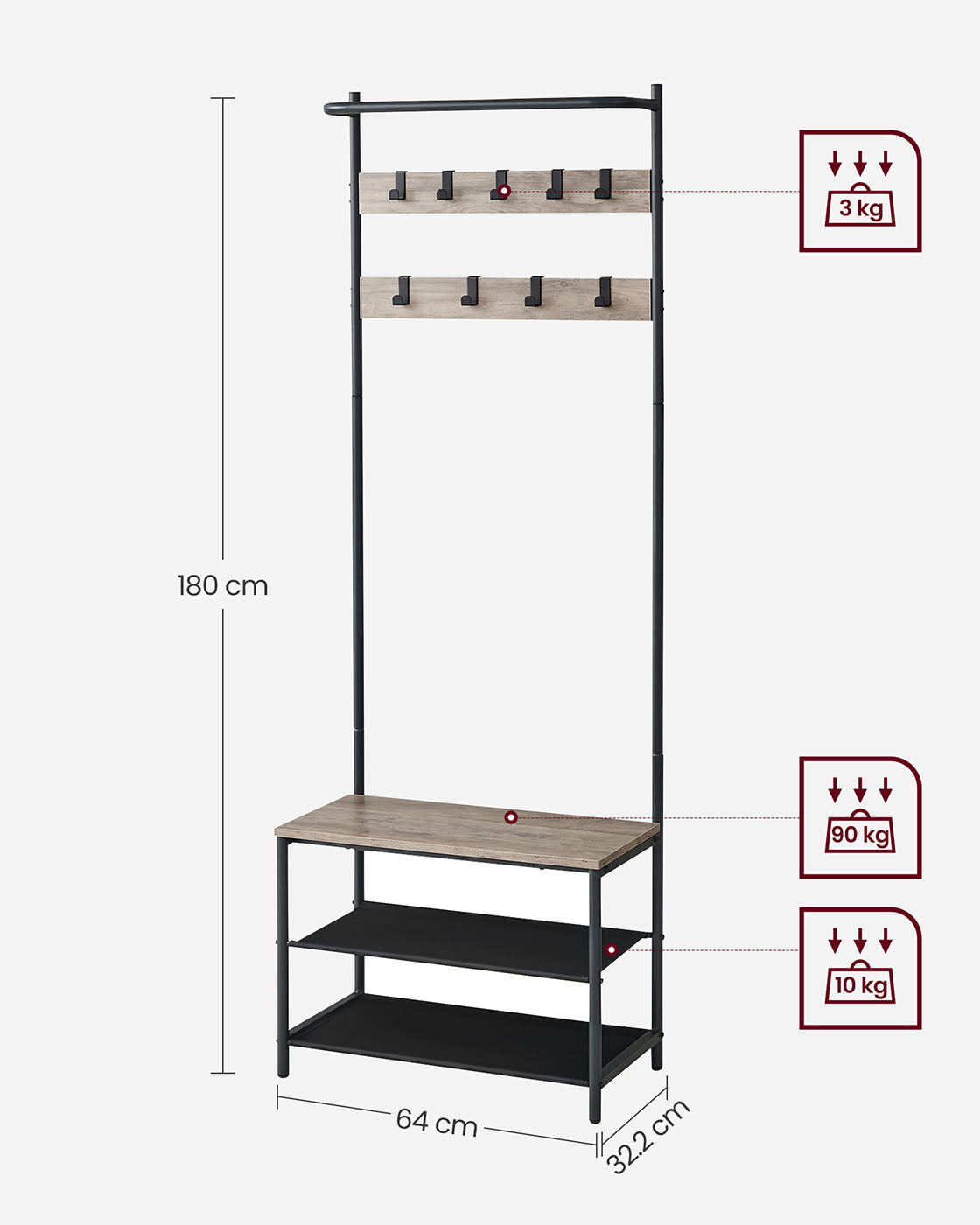Industrial Hall Tree – Metal and Wood – Rustic Brown – 9 Adjustable Hooks and Overhead Bar