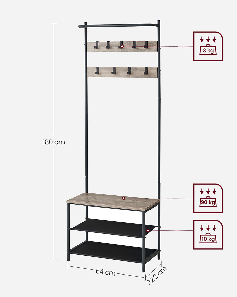 Industrial Hall Tree – Metal and Wood – Rustic Brown – 9 Adjustable Hooks and Overhead Bar