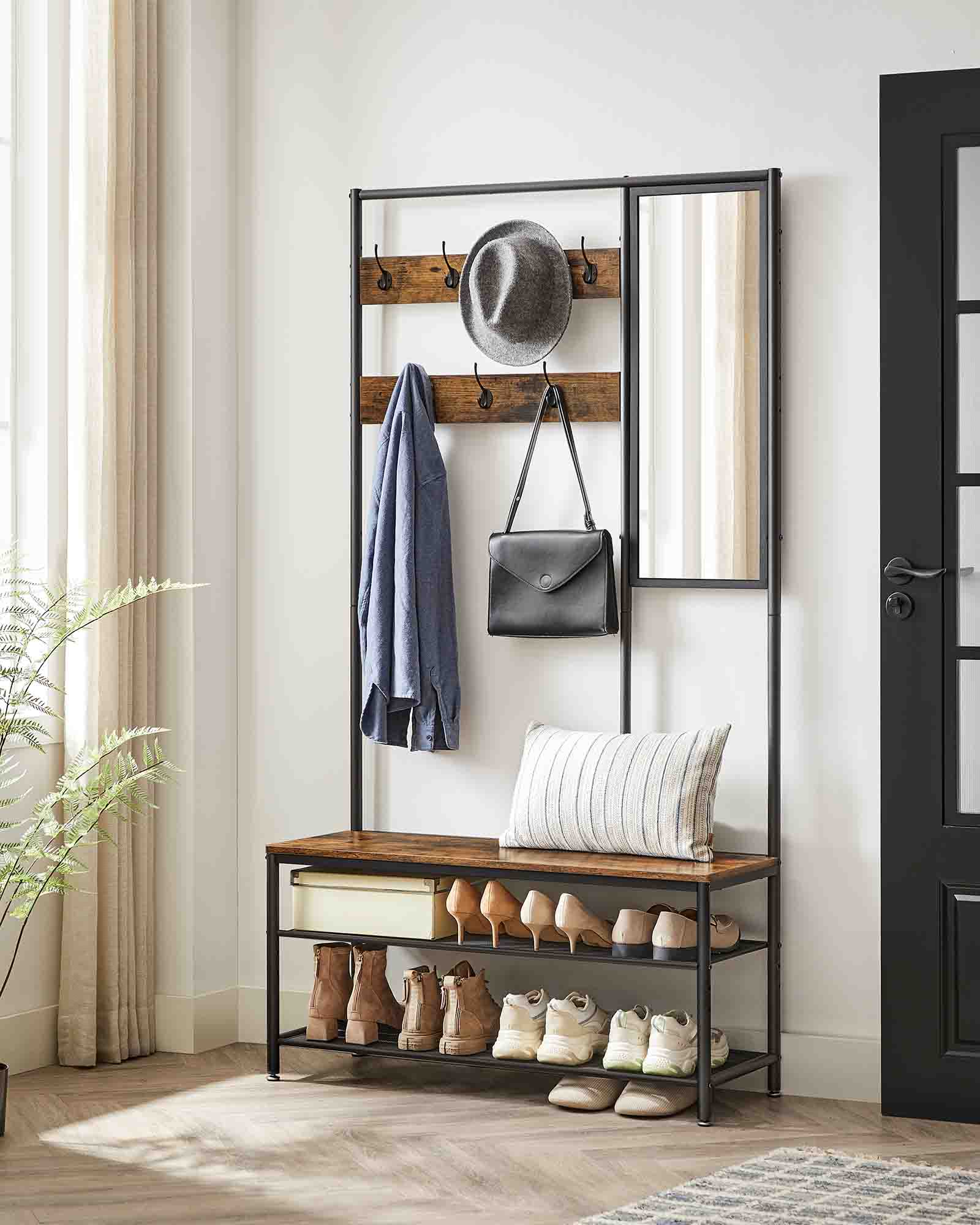 Coat Rack – Wood and Metal – Camel Brown and Ink Black – Includes Shoe Storage and Mirror