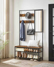 Coat Rack – Wood and Metal – Camel Brown and Ink Black – Includes Shoe Storage and Mirror