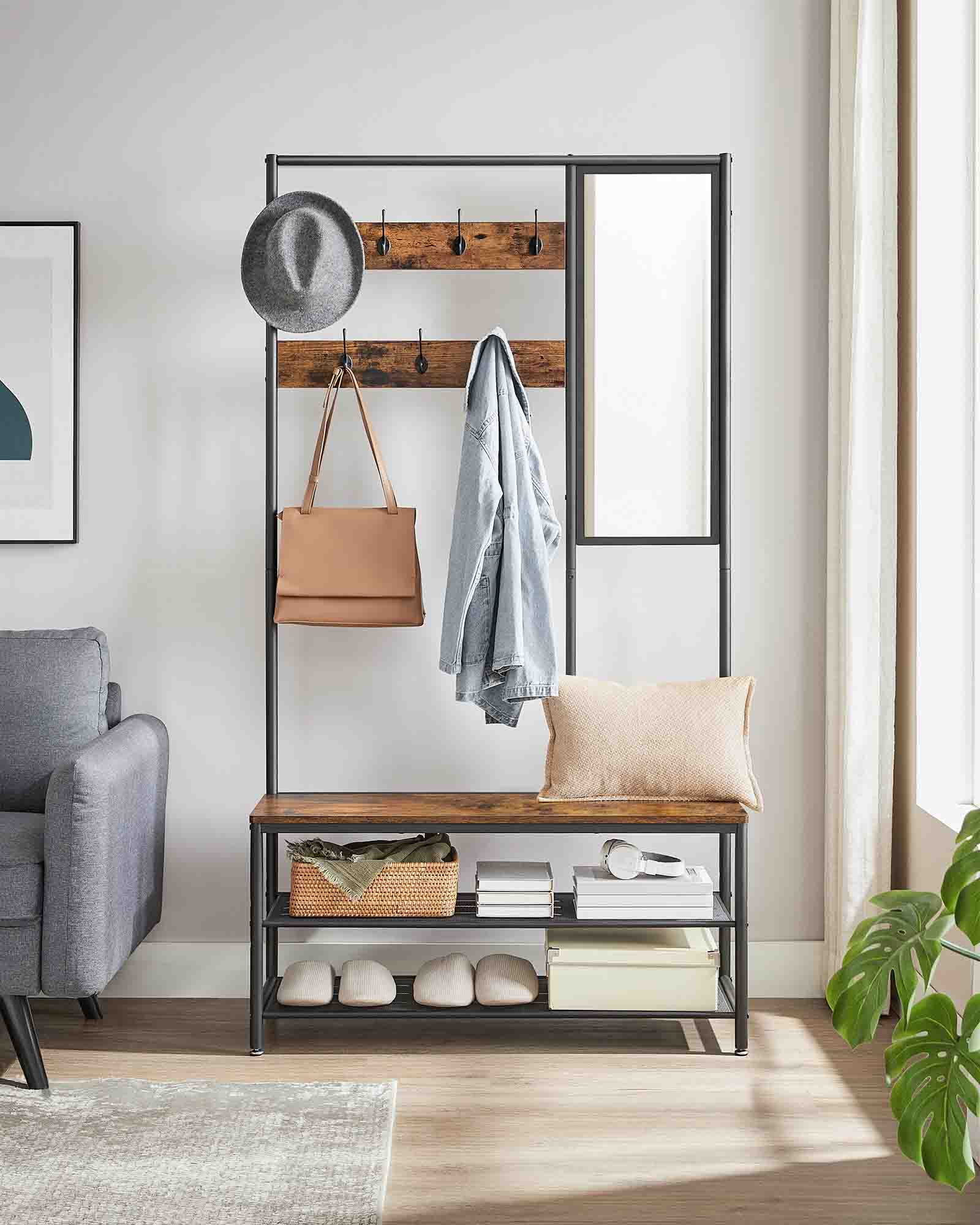 Coat Rack – Wood and Metal – Camel Brown and Ink Black – Includes Shoe Storage and Mirror