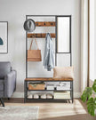Coat Rack – Wood and Metal – Camel Brown and Ink Black – Includes Shoe Storage and Mirror