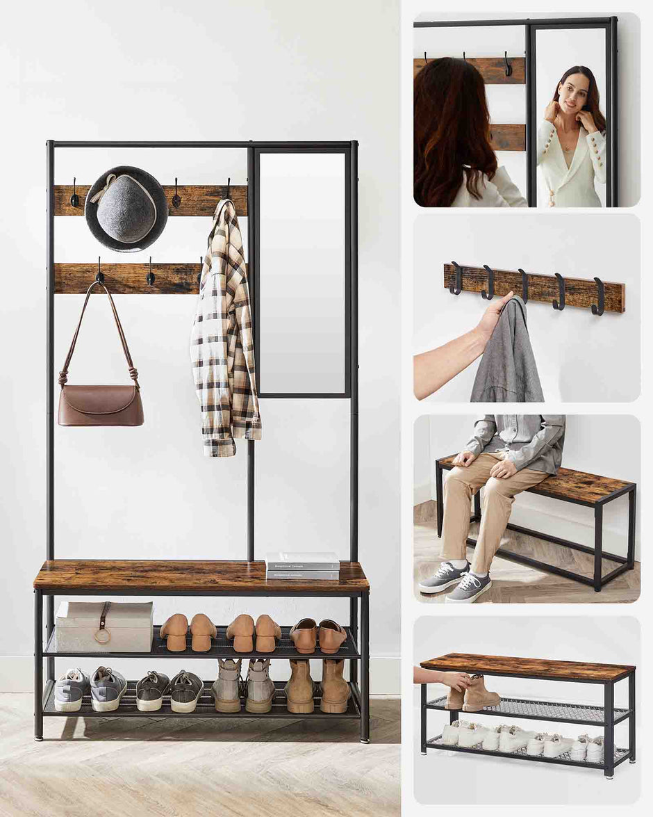 Coat Rack – Wood and Metal – Camel Brown and Ink Black – Includes Shoe Storage and Mirror