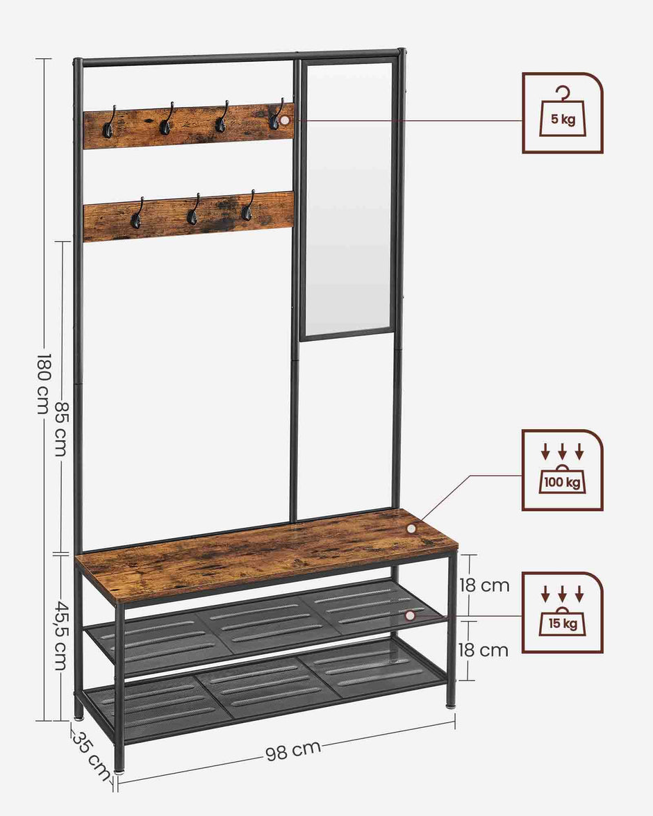 Coat Rack – Wood and Metal – Camel Brown and Ink Black – Includes Shoe Storage and Mirror