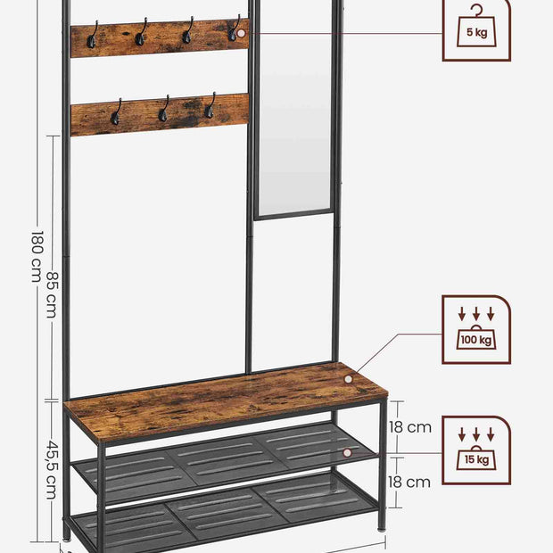 Coat Rack – Wood and Metal – Camel Brown and Ink Black – Includes Shoe Storage and Mirror