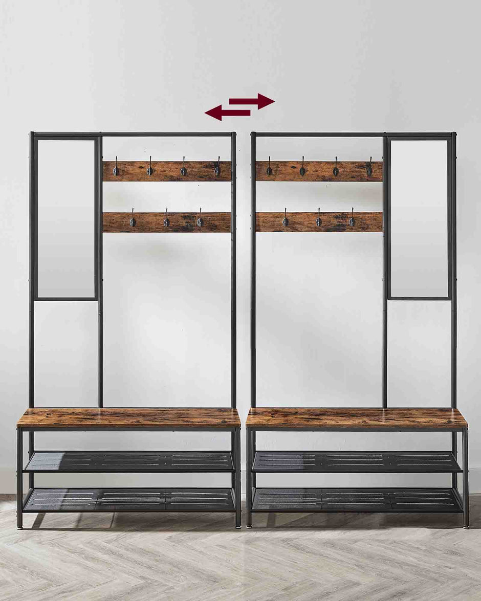 Coat Rack – Wood and Metal – Camel Brown and Ink Black – Includes Shoe Storage and Mirror