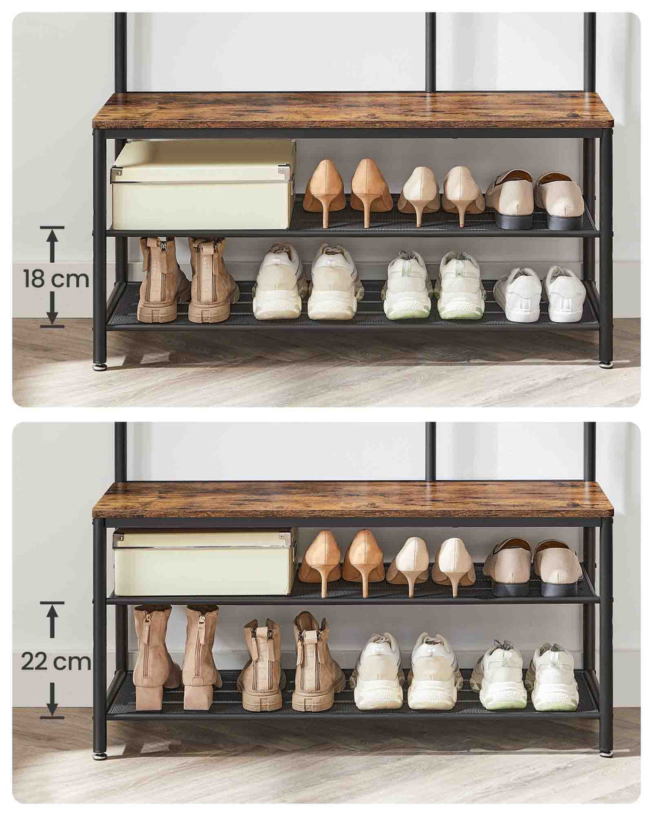 Coat Rack – Wood and Metal – Camel Brown and Ink Black – Includes Shoe Storage and Mirror