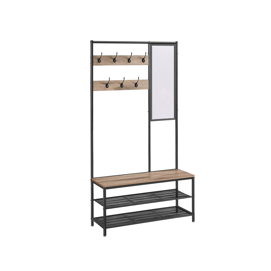 Coat Rack with Shoe Storage – Wood – Camel Brown and Ink Black – Industrial Design with Mirror and Bench