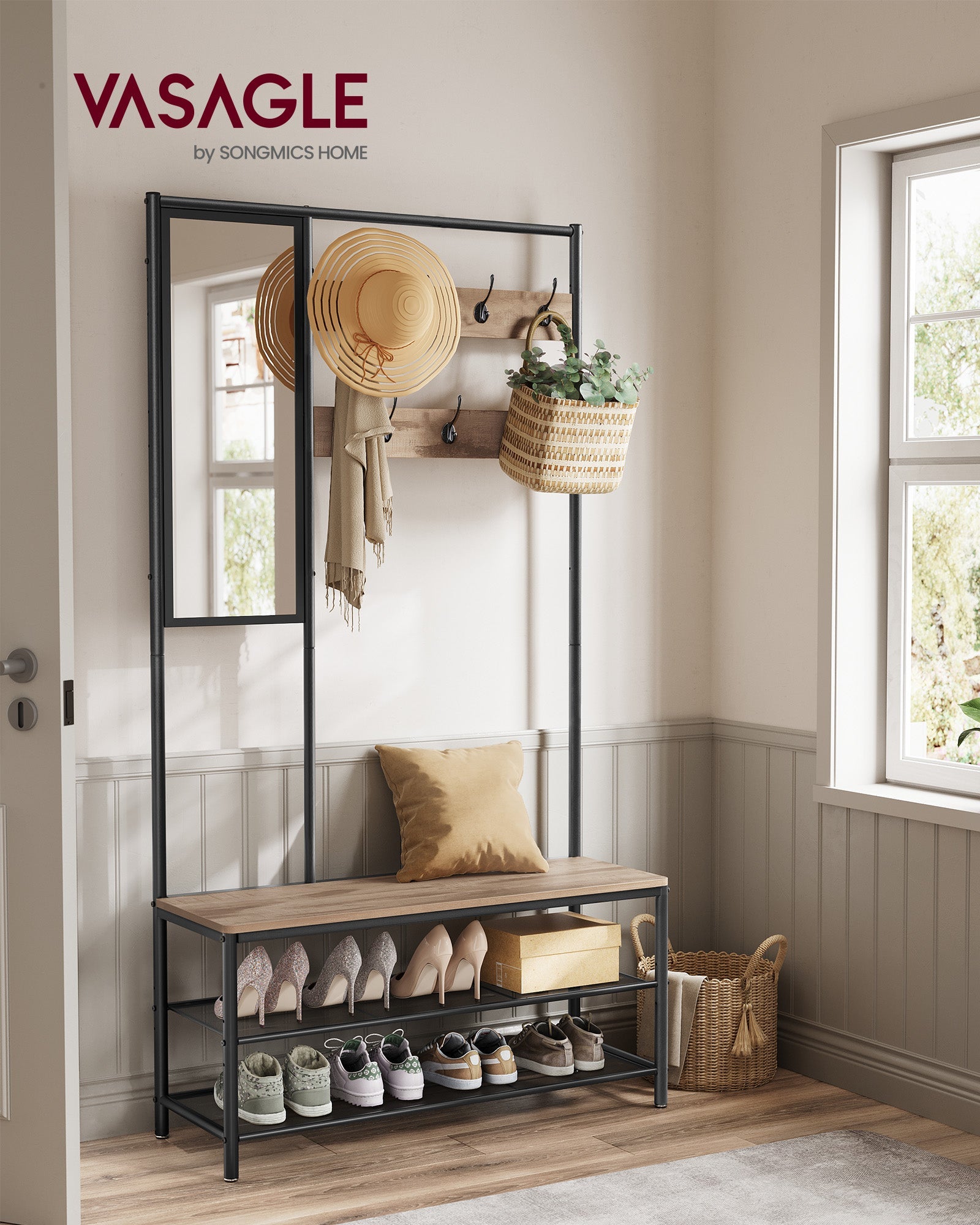 Coat Rack with Shoe Storage – Wood – Camel Brown and Ink Black – Industrial Design with Mirror and Bench