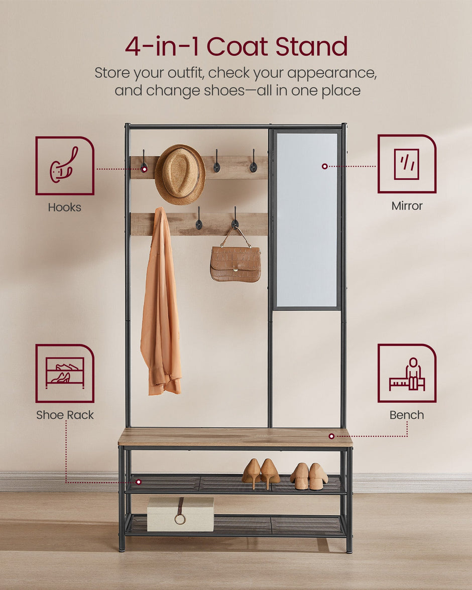 Coat Rack with Shoe Storage – Wood – Camel Brown and Ink Black – Industrial Design with Mirror and Bench