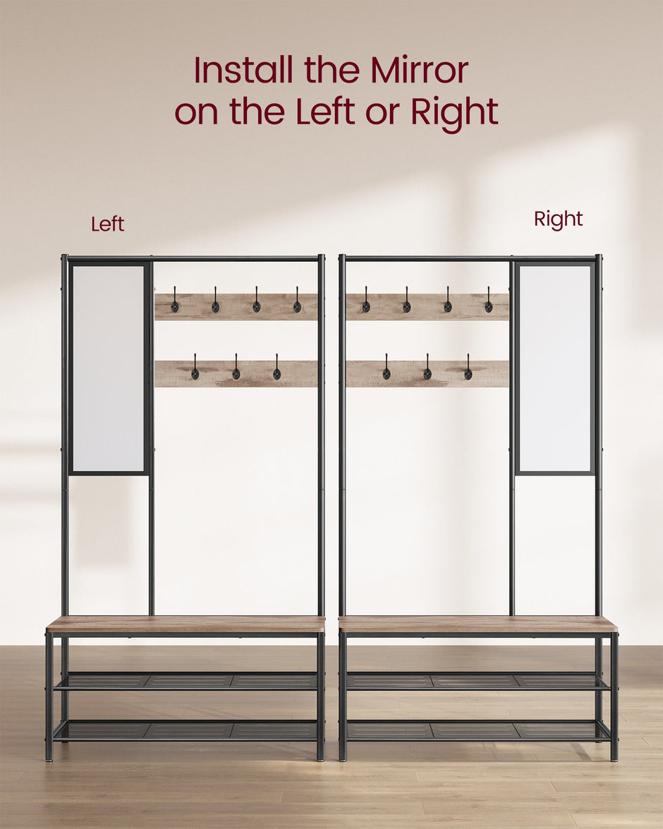 Coat Rack with Shoe Storage – Wood – Camel Brown and Ink Black – Industrial Design with Mirror and Bench