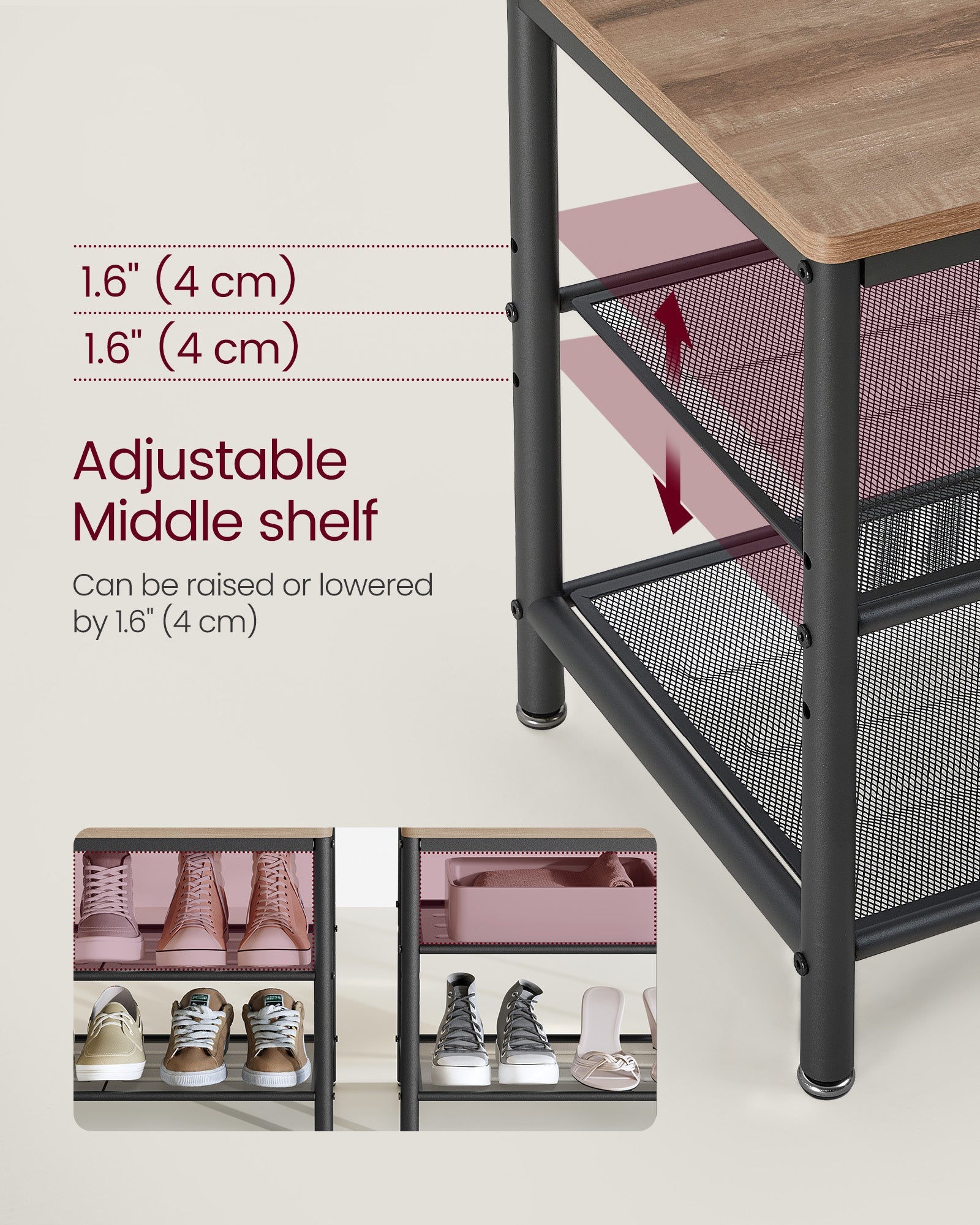 Coat Rack with Shoe Storage – Wood – Camel Brown and Ink Black – Industrial Design with Mirror and Bench