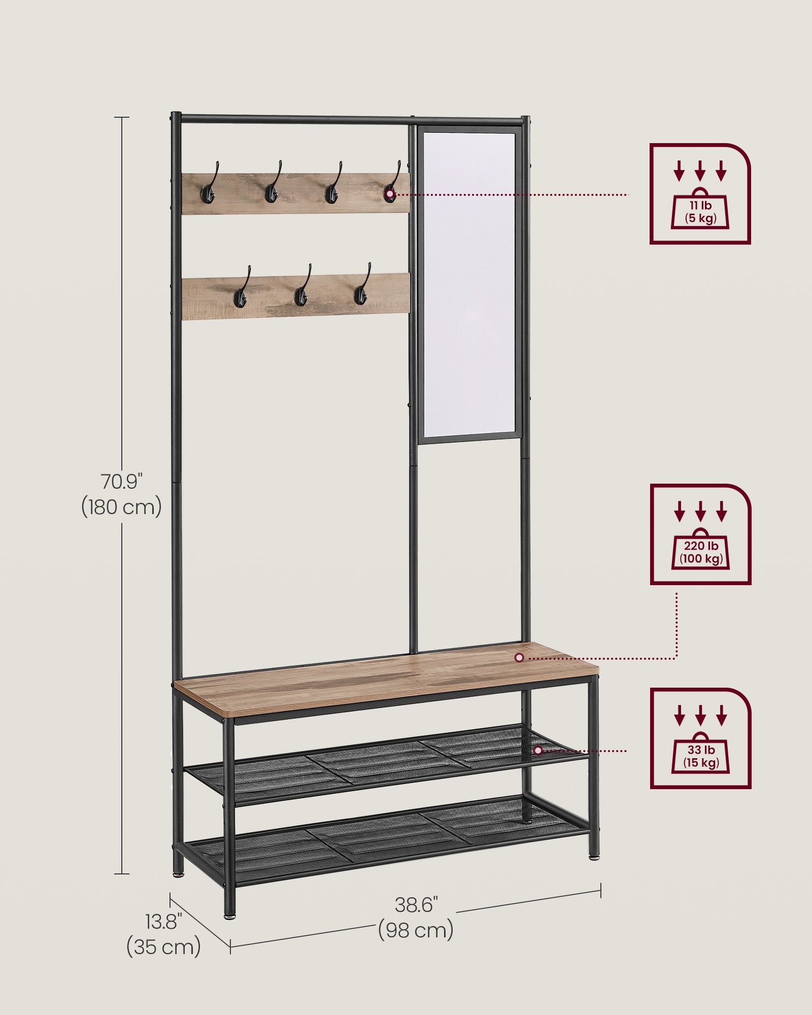 Coat Rack with Shoe Storage – Wood – Camel Brown and Ink Black – Industrial Design with Mirror and Bench