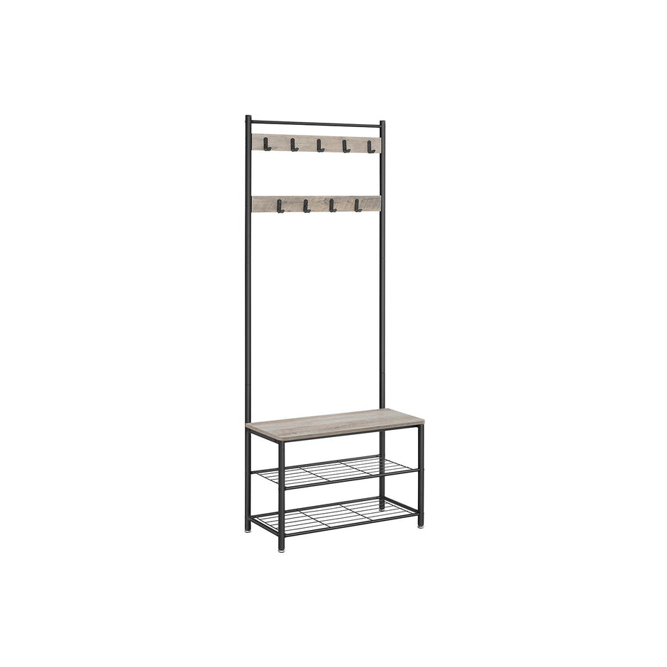 Coat Rack Stand – Wood – Natural Finish – Multi-Functional Design with Seating and Storage Shelves