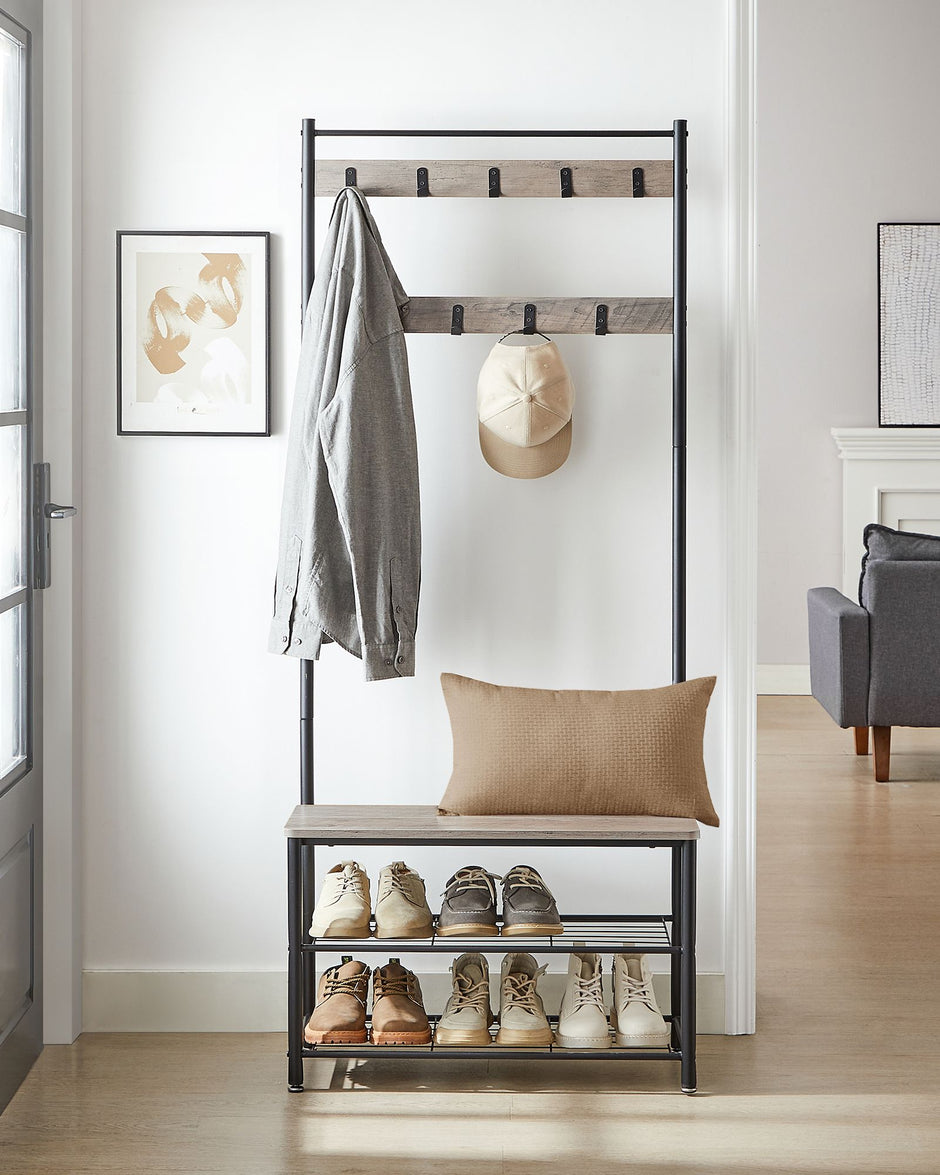 Coat Rack Stand – Wood – Natural Finish – Multi-Functional Design with Seating and Storage Shelves
