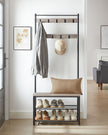 Coat Rack Stand – Wood – Natural Finish – Multi-Functional Design with Seating and Storage Shelves