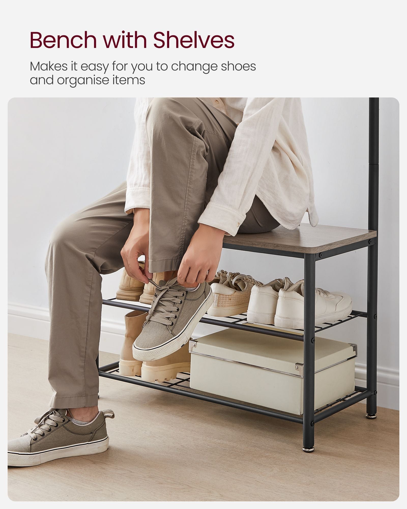 Coat Rack Stand – Wood – Natural Finish – Multi-Functional Design with Seating and Storage Shelves