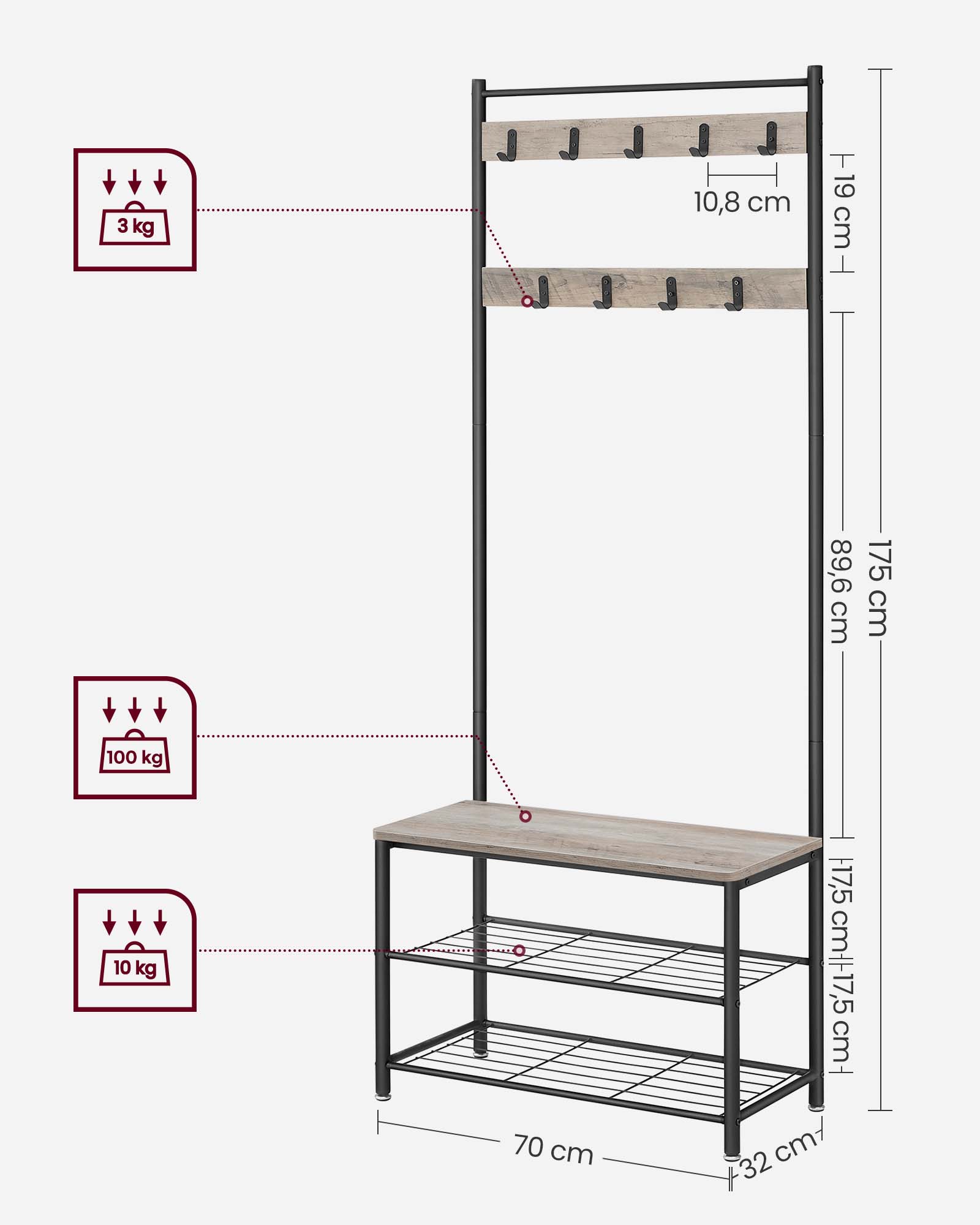 Coat Rack Stand – Wood – Natural Finish – Multi-Functional Design with Seating and Storage Shelves