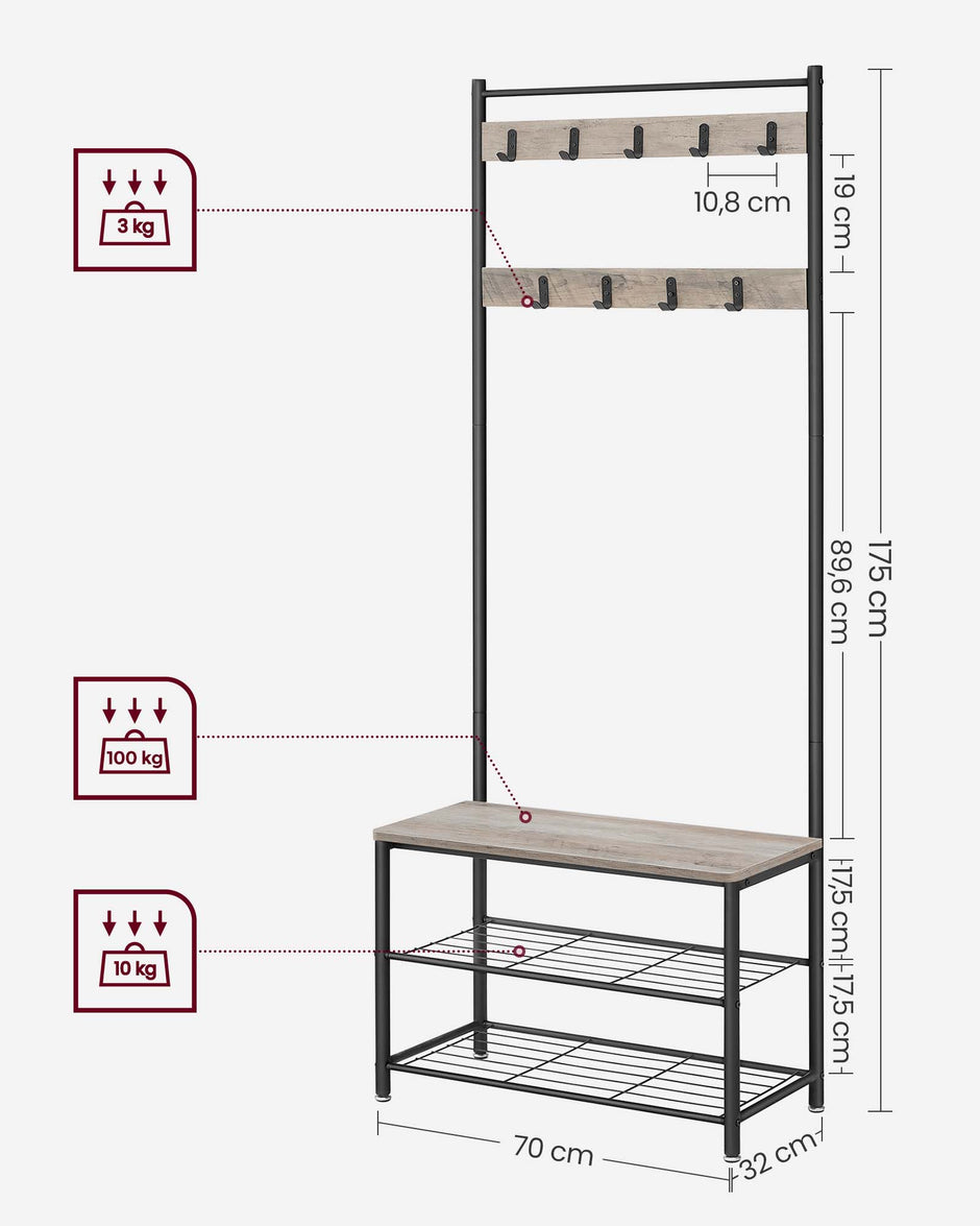 Coat Rack Stand – Wood – Natural Finish – Multi-Functional Design with Seating and Storage Shelves