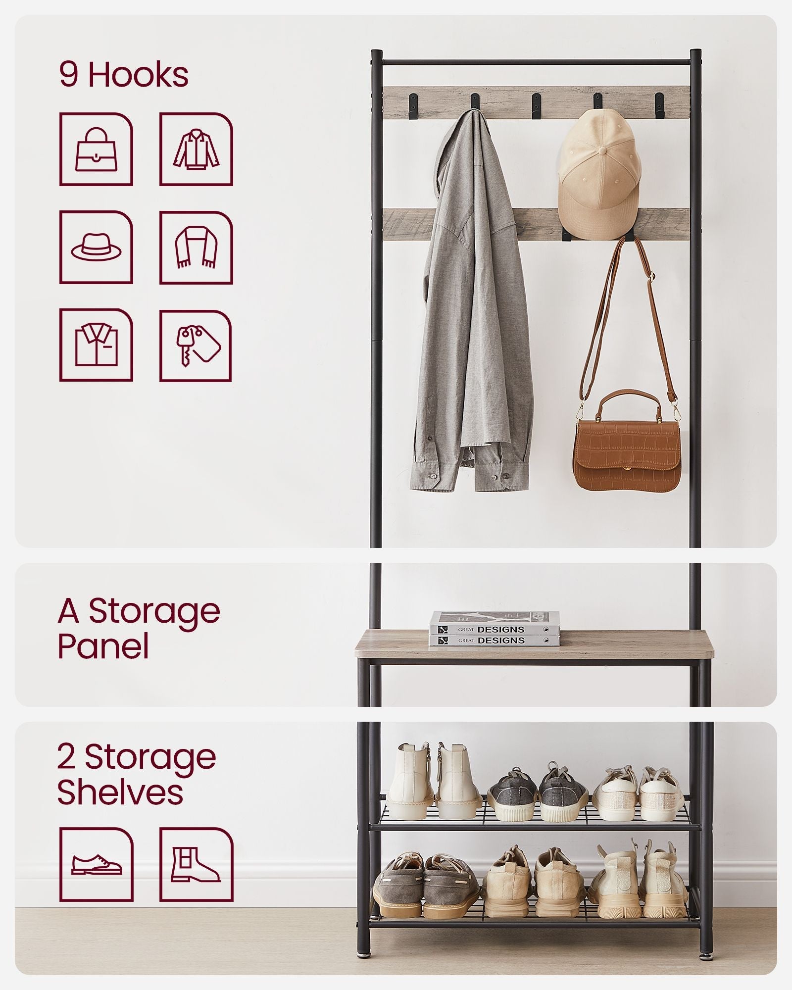 Coat Rack Stand – Wood – Natural Finish – Multi-Functional Design with Seating and Storage Shelves