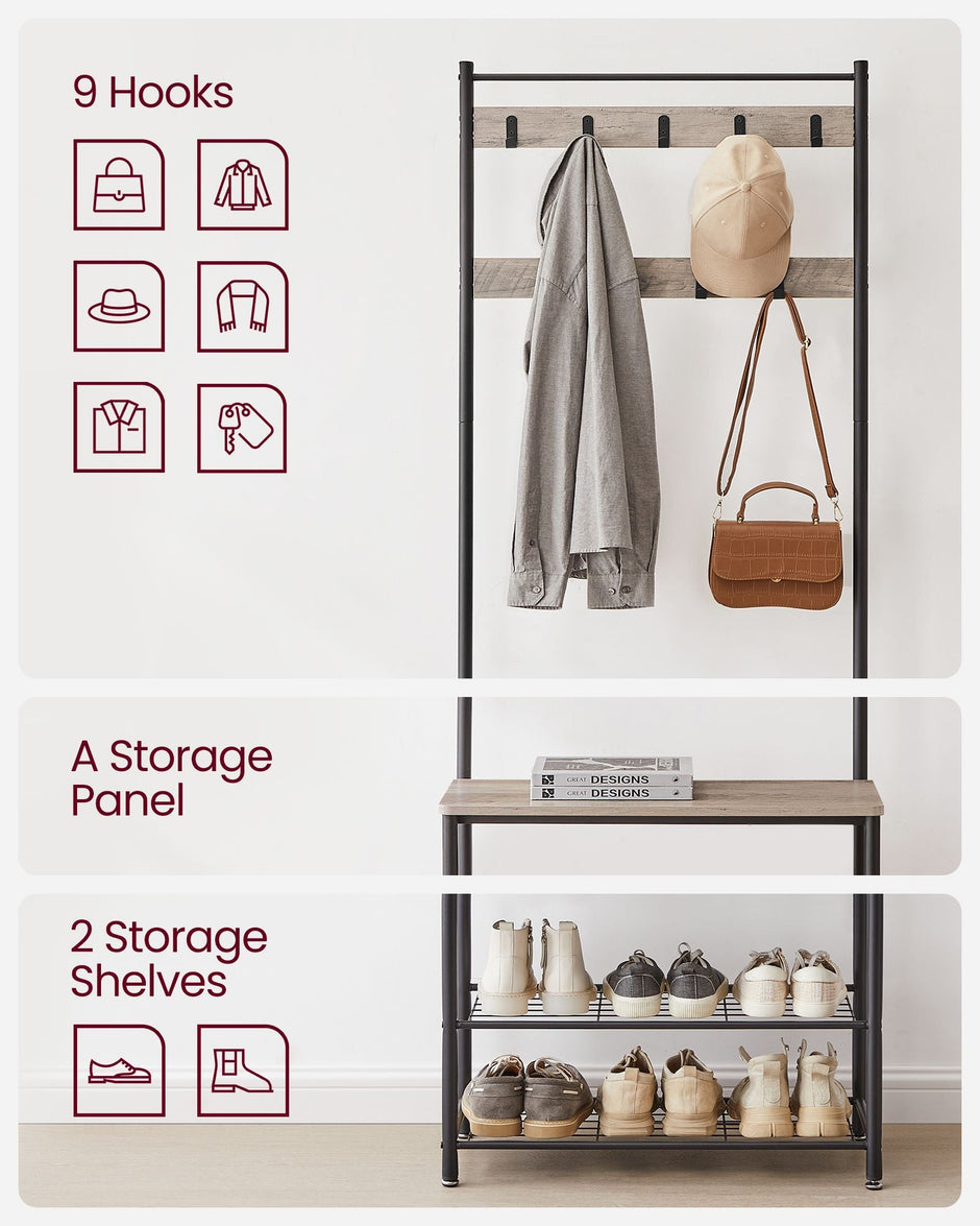 Coat Rack Stand – Wood – Natural Finish – Multi-Functional Design with Seating and Storage Shelves