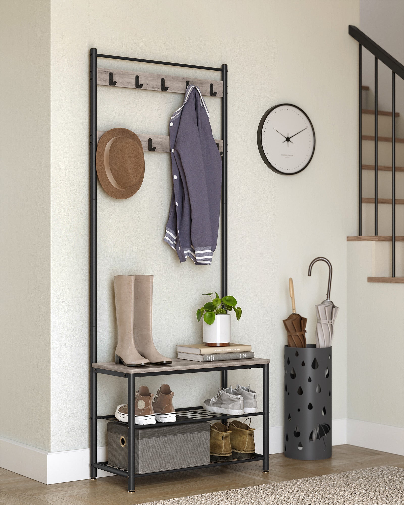 Coat Rack Stand – Wood – Natural Finish – Multi-Functional Design with Seating and Storage Shelves