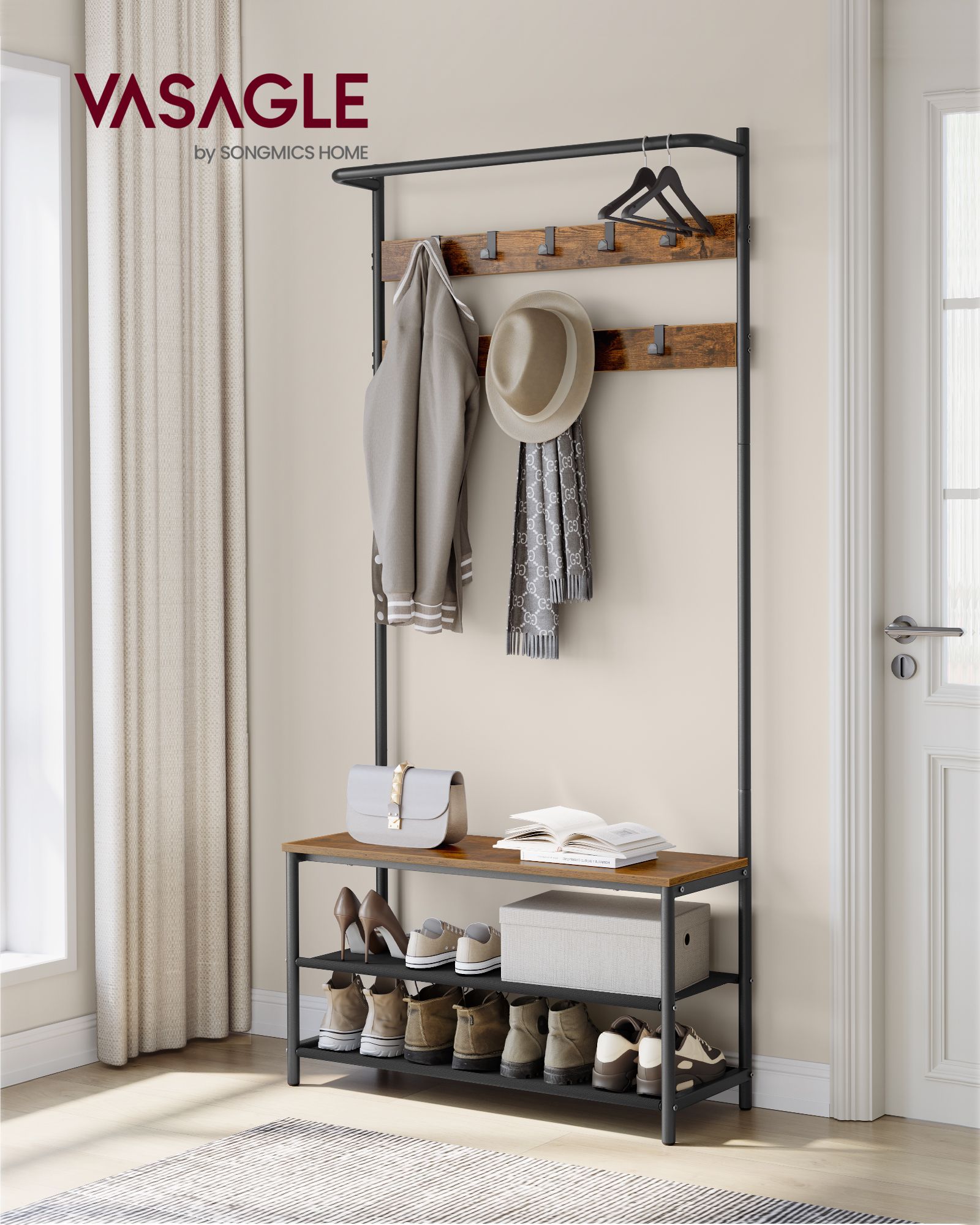 Coat Stand – Wood – Industrial Finish – With Shoe Bench and 9 Movable Hooks