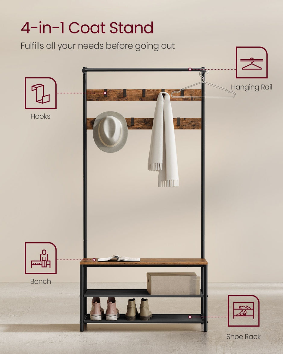 Coat Stand – Wood – Industrial Finish – With Shoe Bench and 9 Movable Hooks