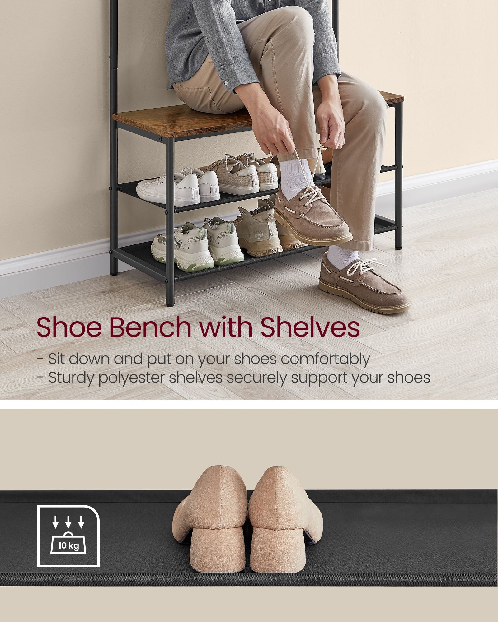 Coat Stand – Wood – Industrial Finish – With Shoe Bench and 9 Movable Hooks
