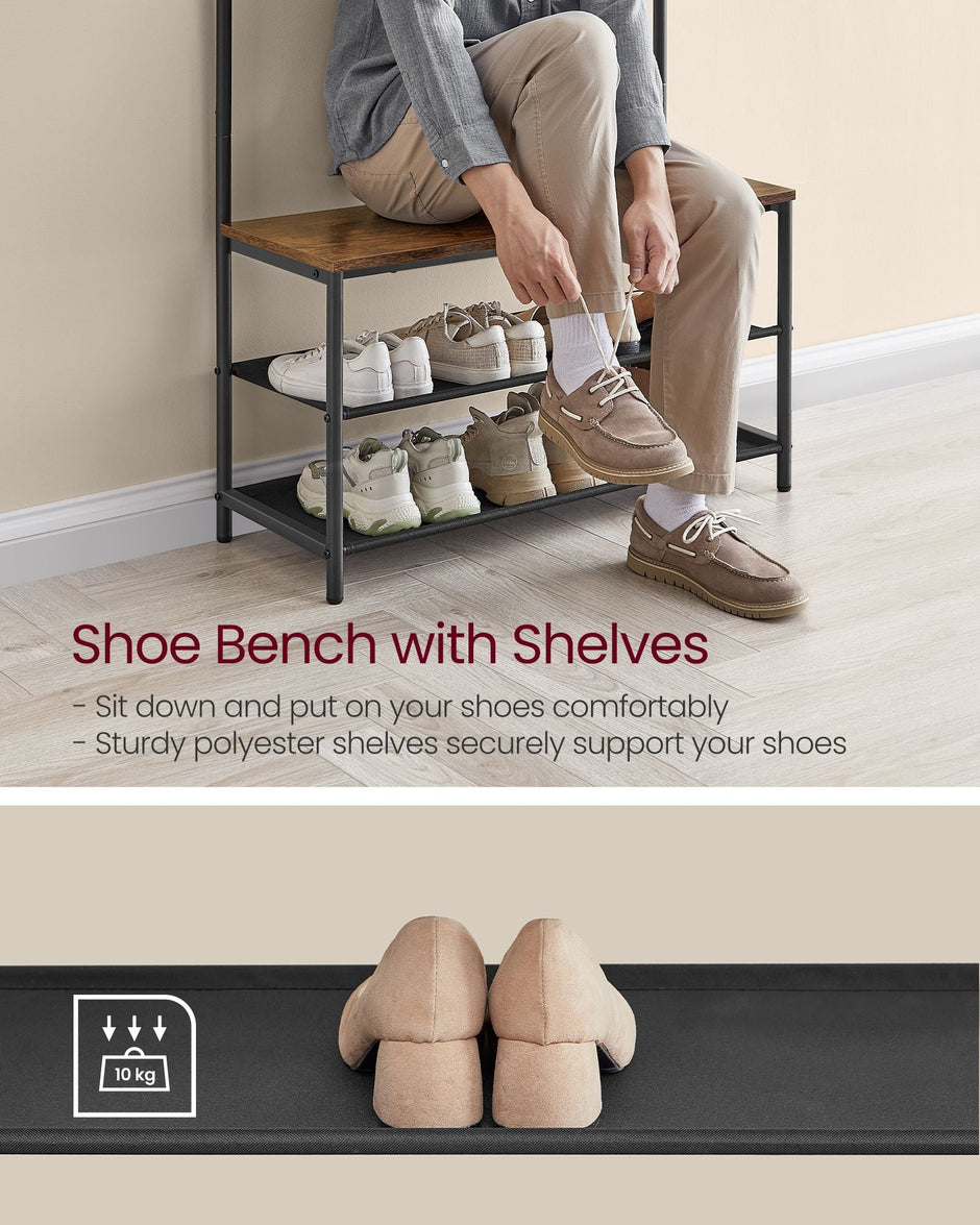 Coat Stand – Wood – Industrial Finish – With Shoe Bench and 9 Movable Hooks
