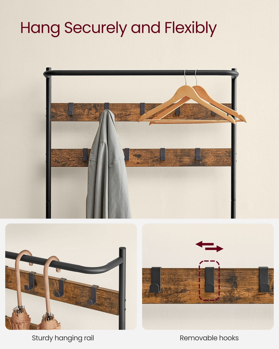 Coat Stand – Wood – Industrial Finish – With Shoe Bench and 9 Movable Hooks